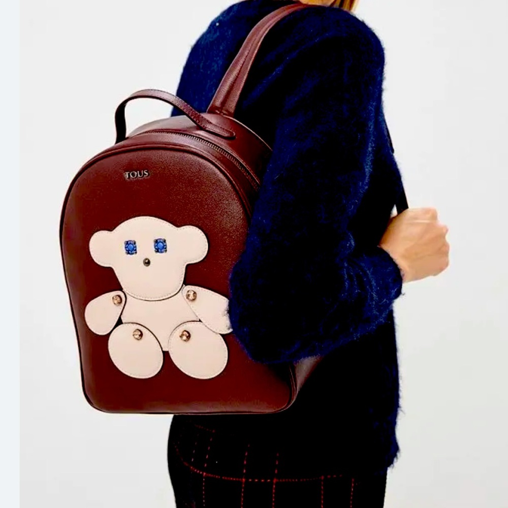 TOUS Burgundy & Beige Light Brown Jeweled Teddy Bear Backpack Zipper